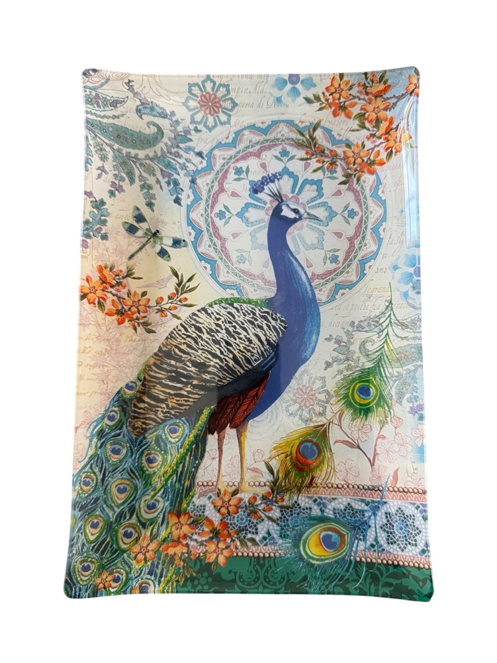 Fringe Studio Peacock Glass Trinket Catchall Decorative Tray 10x6